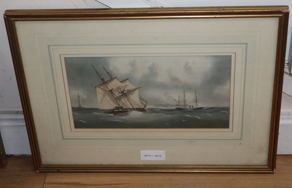 C.H. Lewis, watercolour, Shipping and lighthouse at sea, signed, 16.5 x 30.5cm